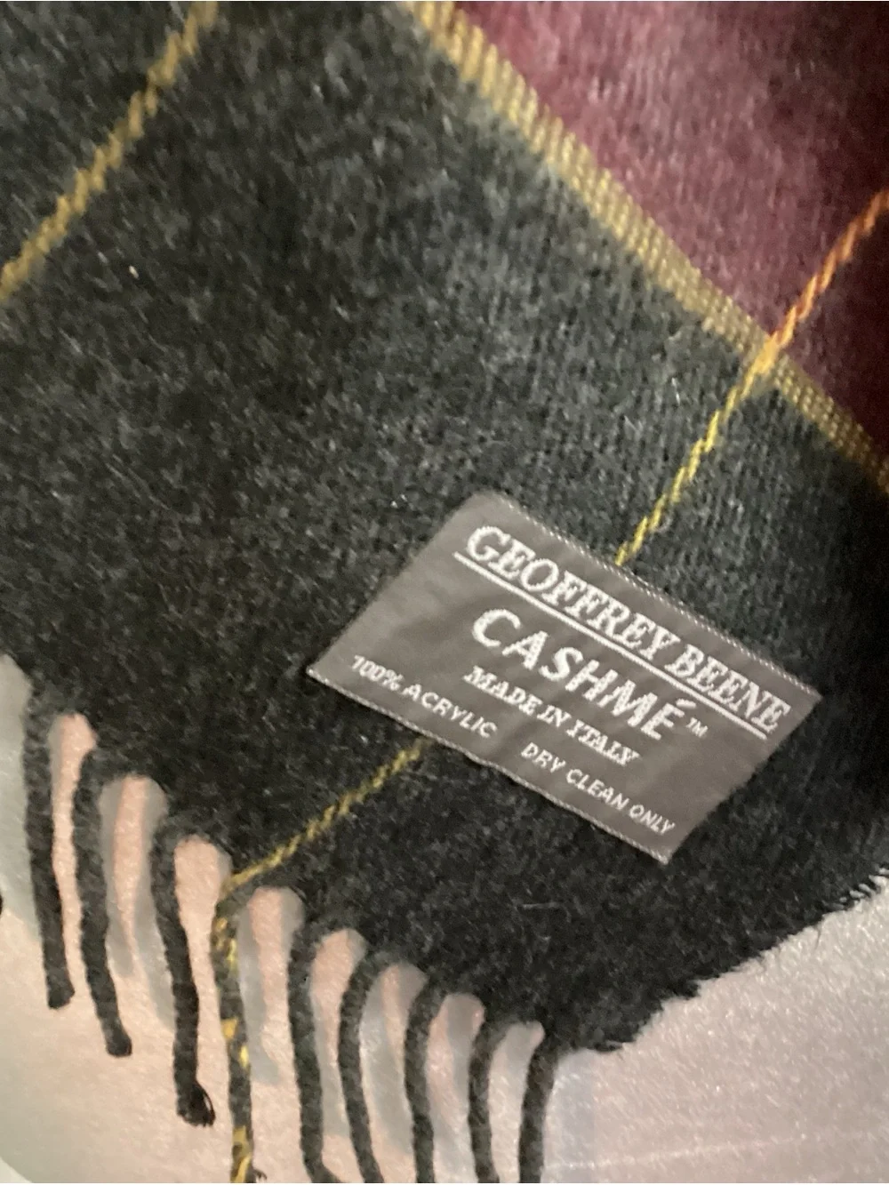 Geoffrey Beene Charcoal, Burgundy & Yellow Plaid Scarf